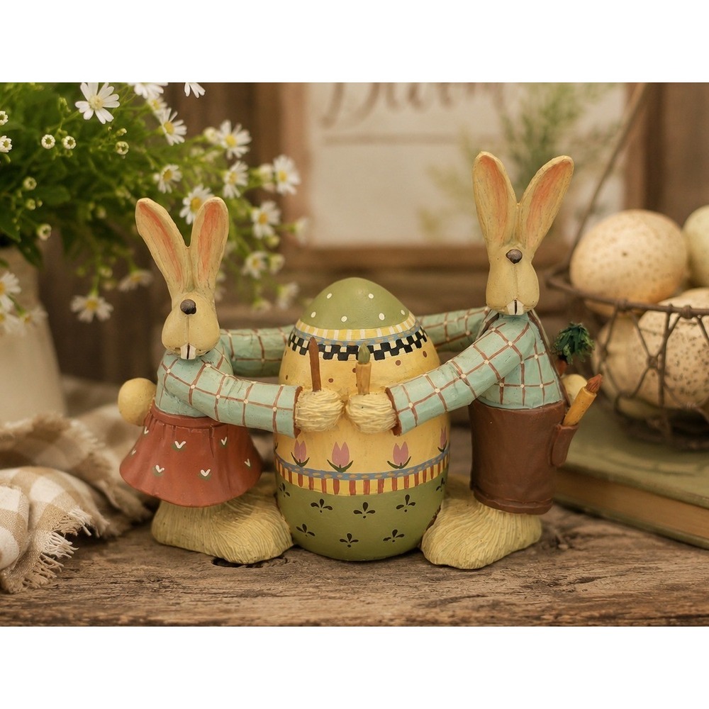 Williraye Studio Easter Bunny Figurine Folk Art Egg Painting Decor Multi color